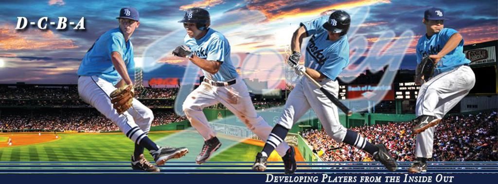Four Trosky Baseball players demonstrating pitching, running, hitting and fielding