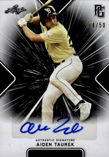Aiden Taurek batting on a signed baseball card