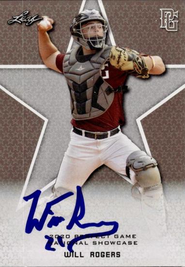 Will Rogers throwing from the catcher position on a signed baseball card