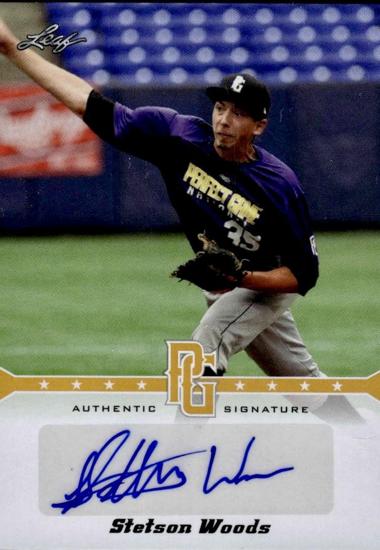 Hudson Woods pitching on a signed professional baseball card