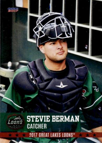 Stevie Berman in catcher gear on a professional baseball card