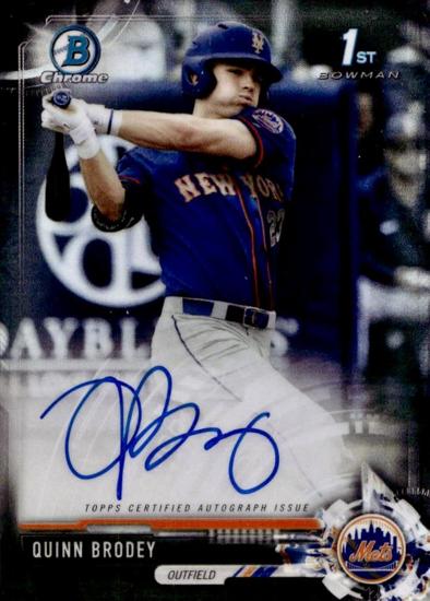 Quinn Brodey batting on a signed professional baseball card